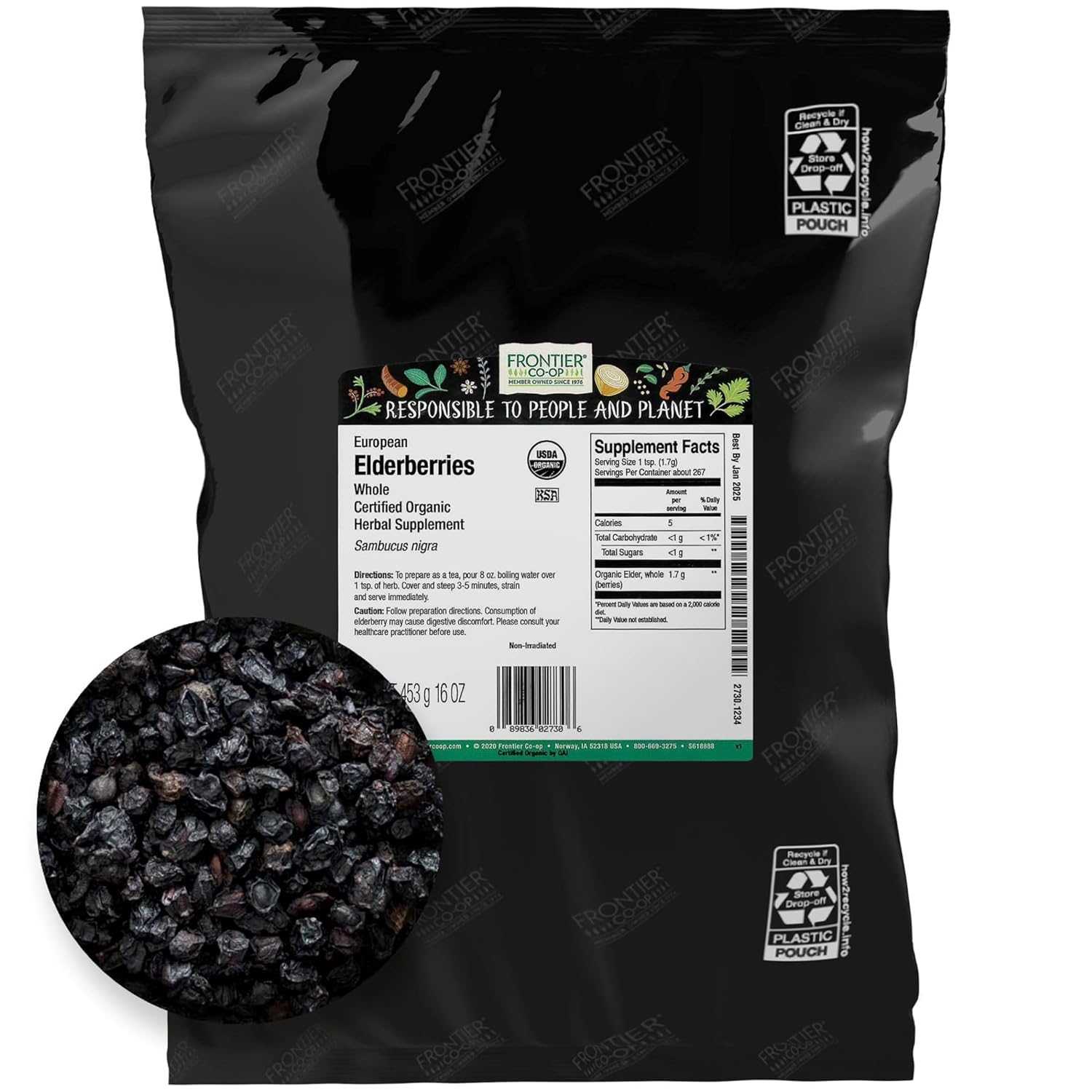 Frontier Co-Op Organic Dried Elderberries, 1Lb Bulk Bag, European Whole | Kosher & Non-Gmo Organic Elderberry Berries Dried, For Tea, Immune Support