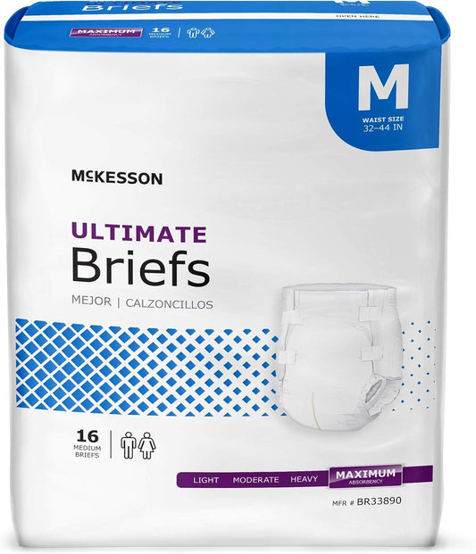 Mckesson Ultimate Briefs, Incontinence, Adult Unisex, Maximum Absorbency, Medium, 16 Count, 6 Packs, 96 Total