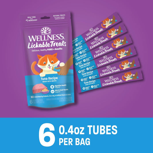 Wellness Lickable Treats Soft Puree Natural Grain Free Adult Cat Treats, Tuna Recipe, Contains 6-0.4 Ounce Squeezable Tubes