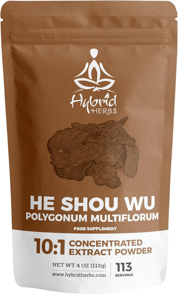 Hybrid Herbs - He Shou Wu Powder 10X Strength - Natural Supplement For Hair Growth & Colour, Skin, Fertility Support, Rich In Antioxidants | Fo-Ti High Potency 10:1 Extract - 113 Servings (113G)
