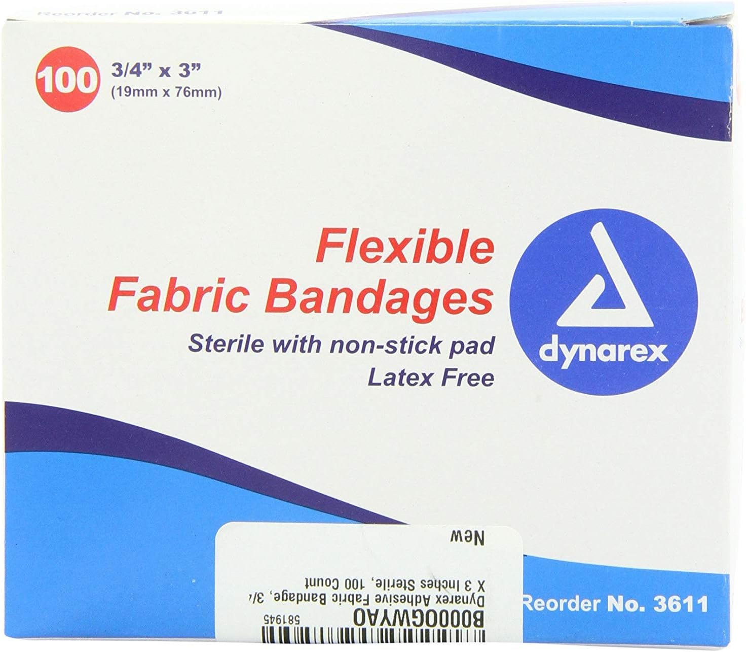 Dynarex Fabric Adhesive Bandages - Sterile & Flexible Fabric Bandages For Wounds - Non-Stick Pads - Individually-Wrapped First Aid Supplies - No Latex - 3/4X3", 100 Count(Pack Of 1)