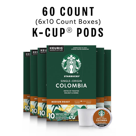 Starbucks Medium Roast K-Cup Coffee Pods, Colombia for Keurig Brewers, 6 boxes (60 pods total)
