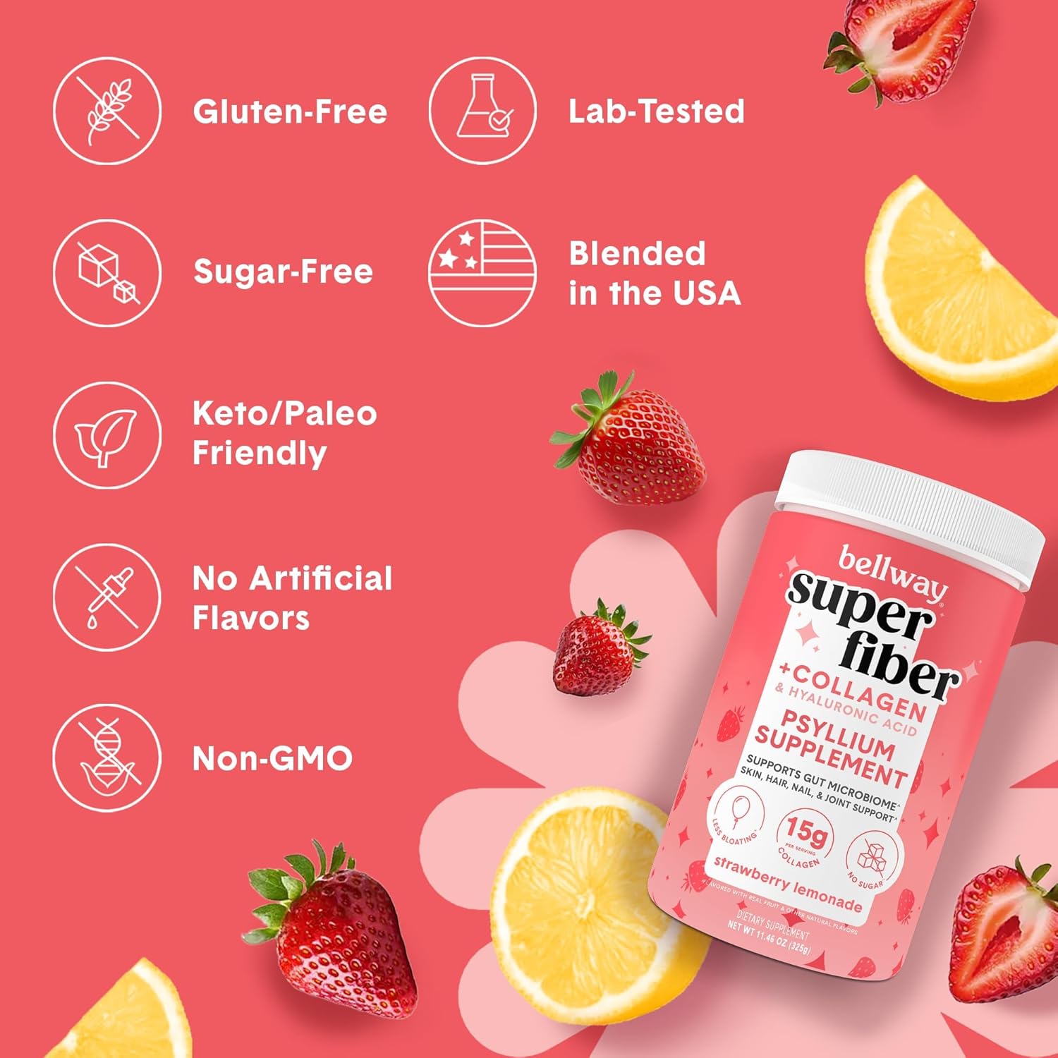 Bellway Super Fiber Powder + Collagen, Sugar-Free Psyllium Husk Powder With Collagen Peptides And Hyaluronic Acid For Gut Health, Healthy Skin, Nails, Bones & Joints, Strawberry Lemonade (11.46 Oz) : Health & Household