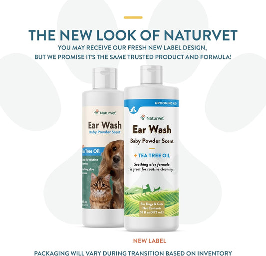 NaturVet Ear Wash Liquid Supplement for Dogs & Cats – Pet Health Supplement Cleans Dog, Cat Ear Canals – Includes Aloe, Tea Tree Oil – Helps Remove Pet Ear Wax, Dirt, Debris – 16 Oz