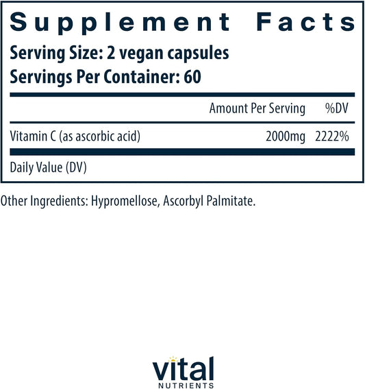 Vital Nutrients Vitamin C 1000Mg (100% Pure Ascorbic Acid) | Vegan Antioxidant Supplement For Immune Support And Iron Absorption* | Gluten, Dairy And Soy Free | Non-Gmo | 120 Capsules