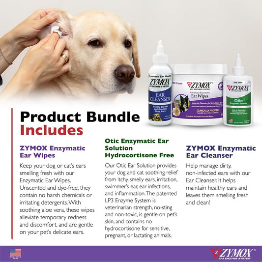 Pet King Brands Zymox Enzymatic Ear Wipes And Otic Ear Solution For Dogs And Cats - Product Bundle - For Dirty, Waxy, Smelly Ears And To Soothe Ear Infections, 100 Ct, 4 Oz And 4 Oz