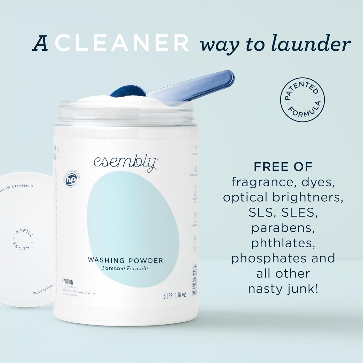 Esembly Cloth Diaper Laundry Detergent 3Lbs Refillable Canister - Washing Powder Specially Formulated To Be Gentle For Baby & Planet, Fragrance Free, Eco-Friendly - Canister With Scoop