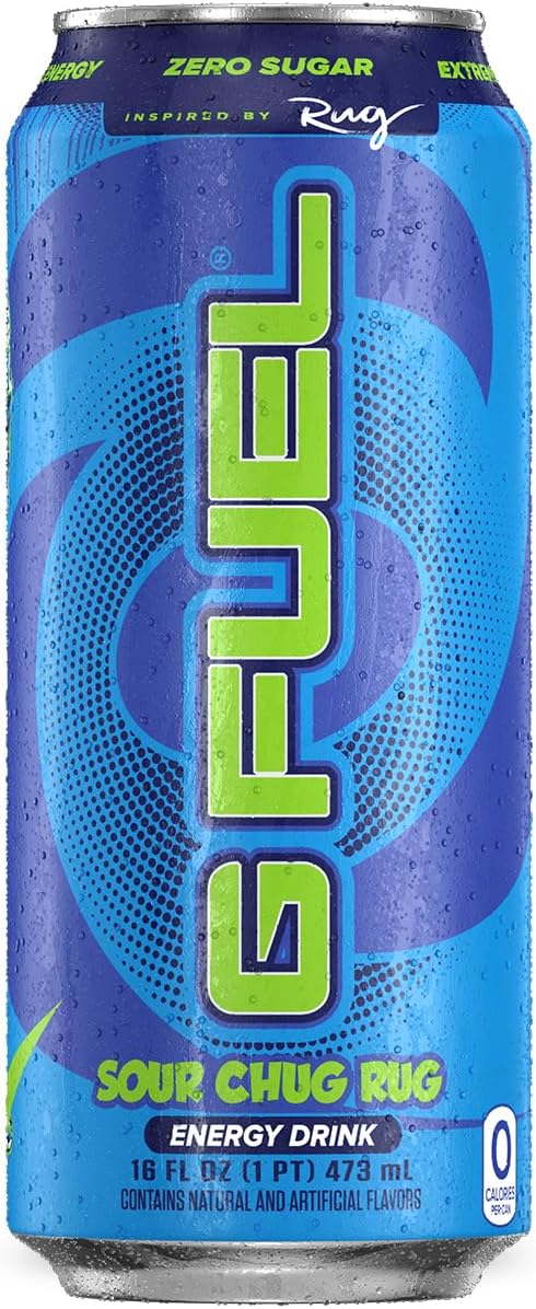 G Fuel Chug Rug Energy Drink, Sugar Free, Healthy Drinks, Zero Calorie, 300 Mg Caffeine Per Carbonated Can, Sour Blue Flavor, Focus Amino, Vitamin + Antioxidants Blend - 12 Pack