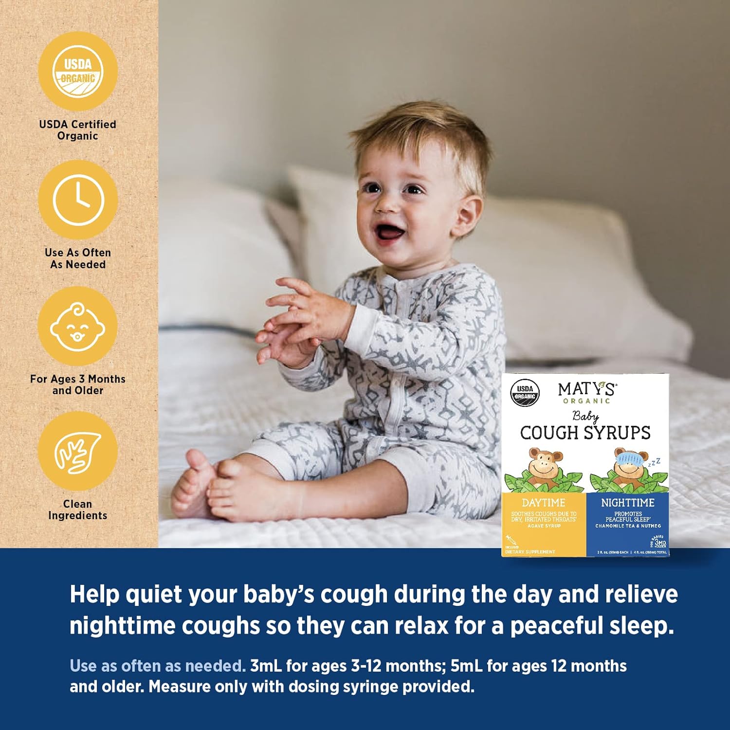 Matys Baby Cough Care Bundle, Organic Day & Night Cough Syrups 2-pk Plus Baby Chest Rub Ointment for Babies & Infants 3 Months +, Melatonin Free, 3pcs : Health & Household