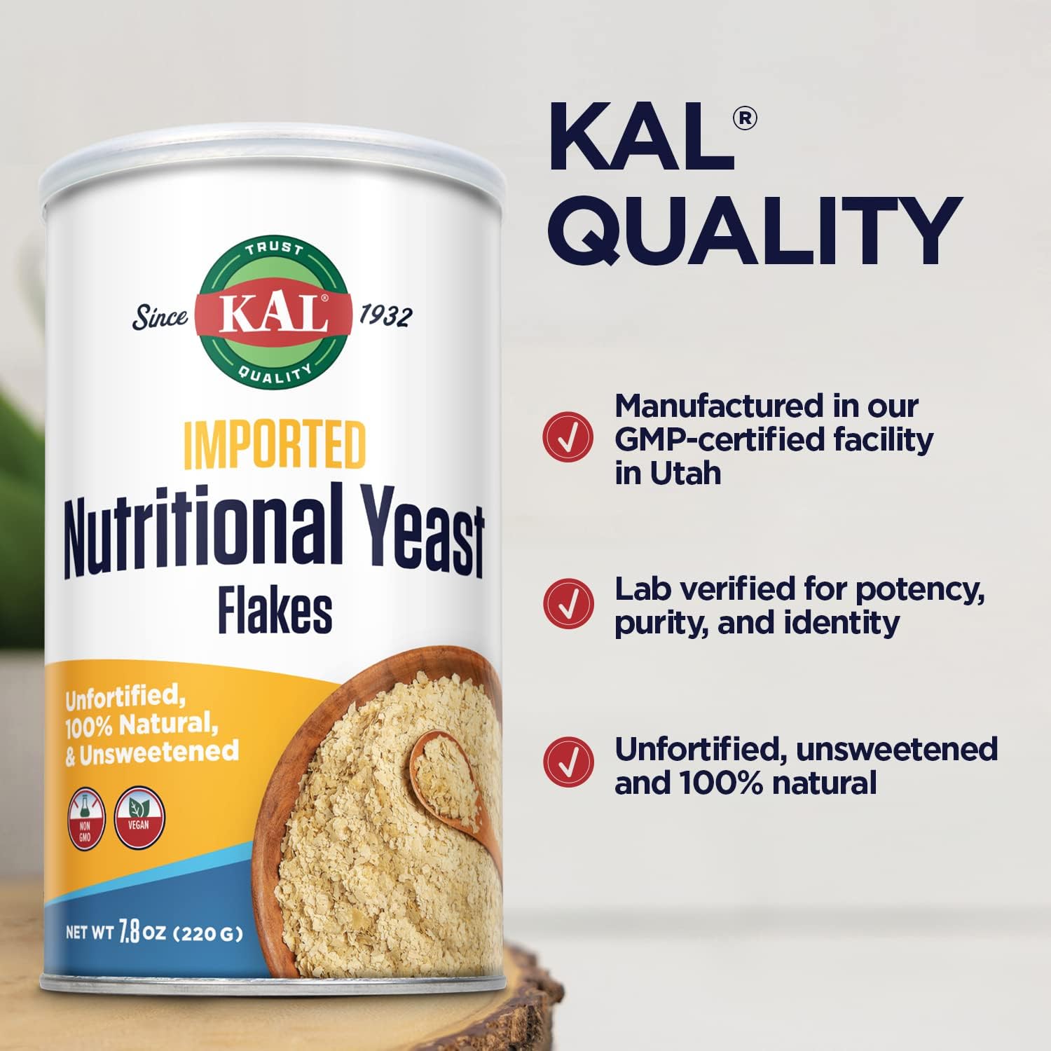 Kal Imported Nutritional Yeast Flakes, Unfortified & Unsweetened Fine Flakes, 100% Natural Source Of Amino Acids & B Vitamins, Great Nutty Flavor, Non-Gmo & Vegan, Approximately 22 Servings, 7.8Oz