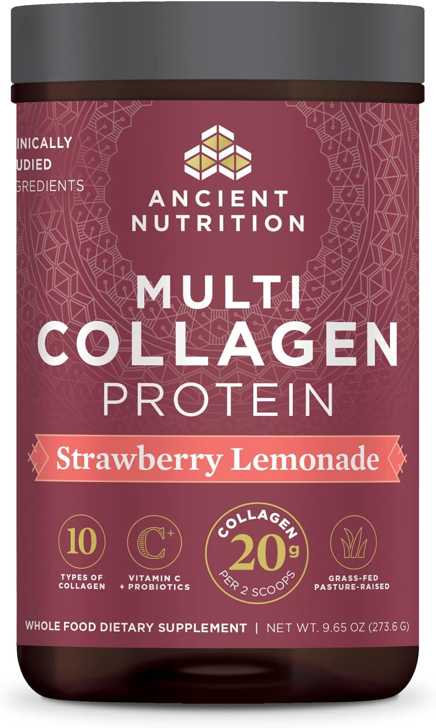 Ancient Nutrition Collagen Powder Protein, Multi Collagen Protein Powder, Strawberry Lemonade, 24 Servings, W/Vitamin C, Hydrolyzed Collagen Peptides For Skin, Nails, Gut Health And Joints, 9.65Oz