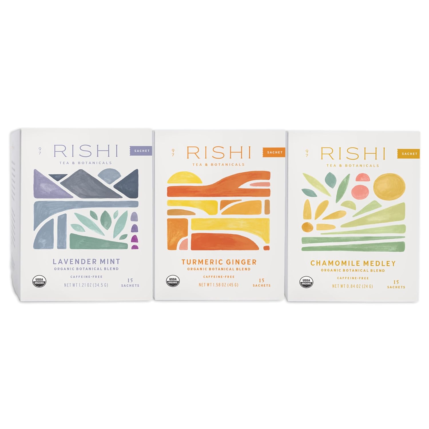 Rishi Tea Lavender Mint, Turmeric Ginger & Chamomile Medley Herbal Tea Bundle - Organic Sachet Tea Bags, Caffeine Free Sleep Friendly Teas - 15 Count (Pack Of 3)