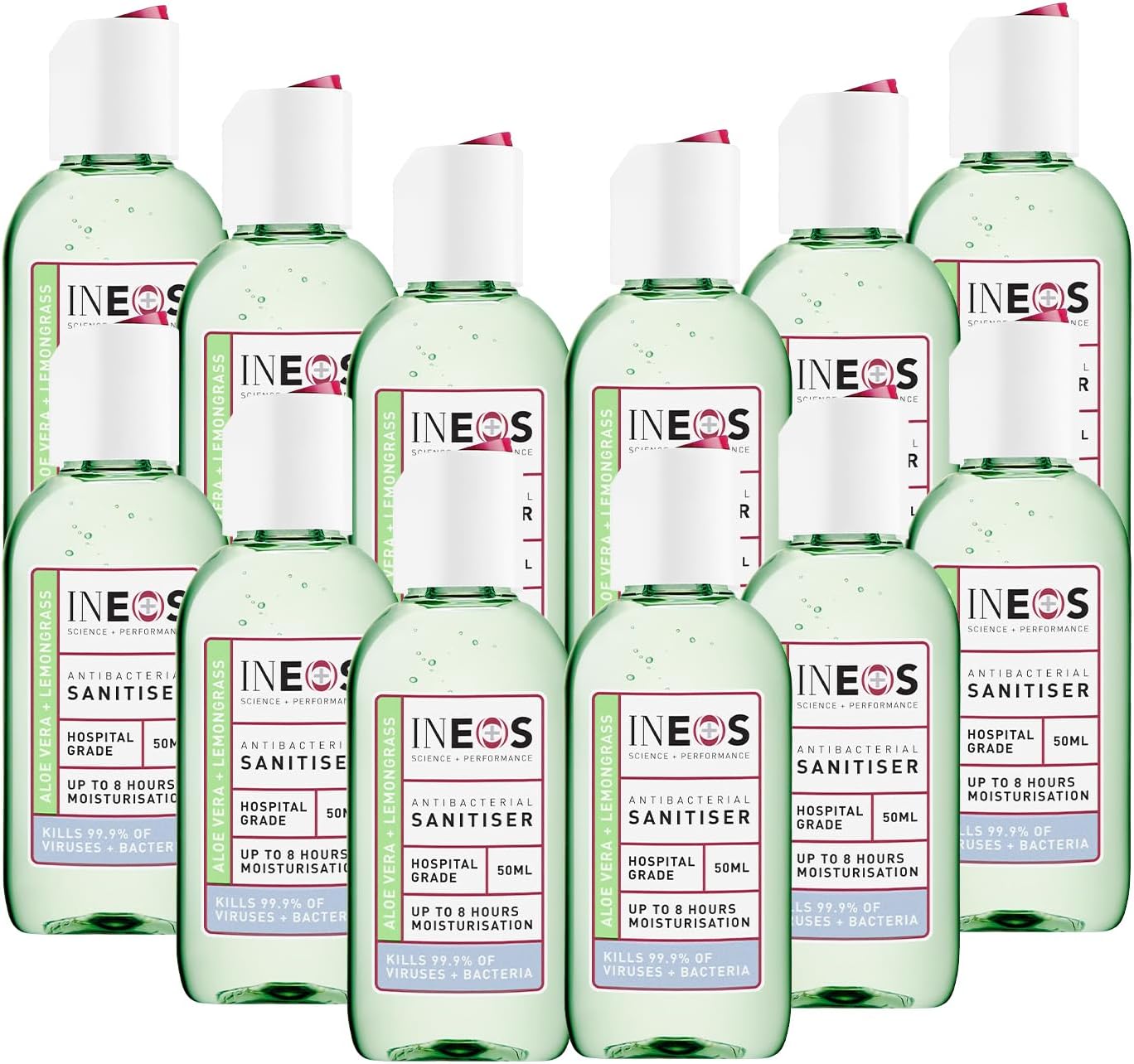 Ineos Mini Antibacterial Hand Sanitiser Gel 50Ml - Aloe & Lemongrass - Hospital Grade Disinfectant, Eliminates 99.9% Of Viruses And Bacteria, 12 X 50Ml, Travel, Holiday, And Festival Essentials