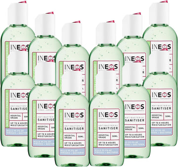 Ineos Mini Antibacterial Hand Sanitiser Gel 50Ml - Aloe & Lemongrass - Hospital Grade Disinfectant, Eliminates 99.9% Of Viruses And Bacteria, 12 X 50Ml, Travel, Holiday, And Festival Essentials