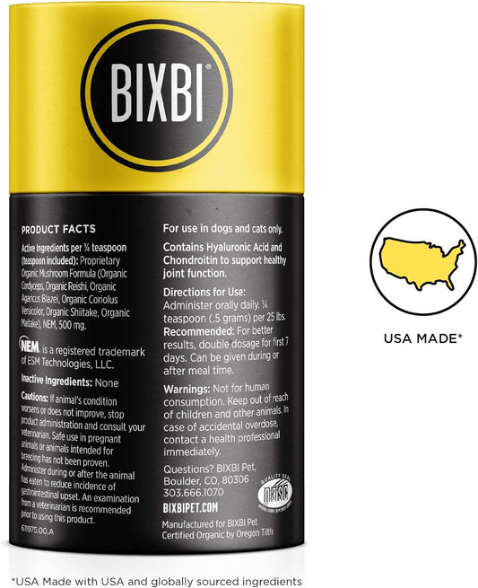 Bixbi Dog & Cat Joint Support, 2.12 Oz (60 G) - All Natural Organic Pet Superfood - Daily Mushroom Powder Supplement - Usa Grown & Usa Made - Veterinarian Recommended For Dogs & Cats