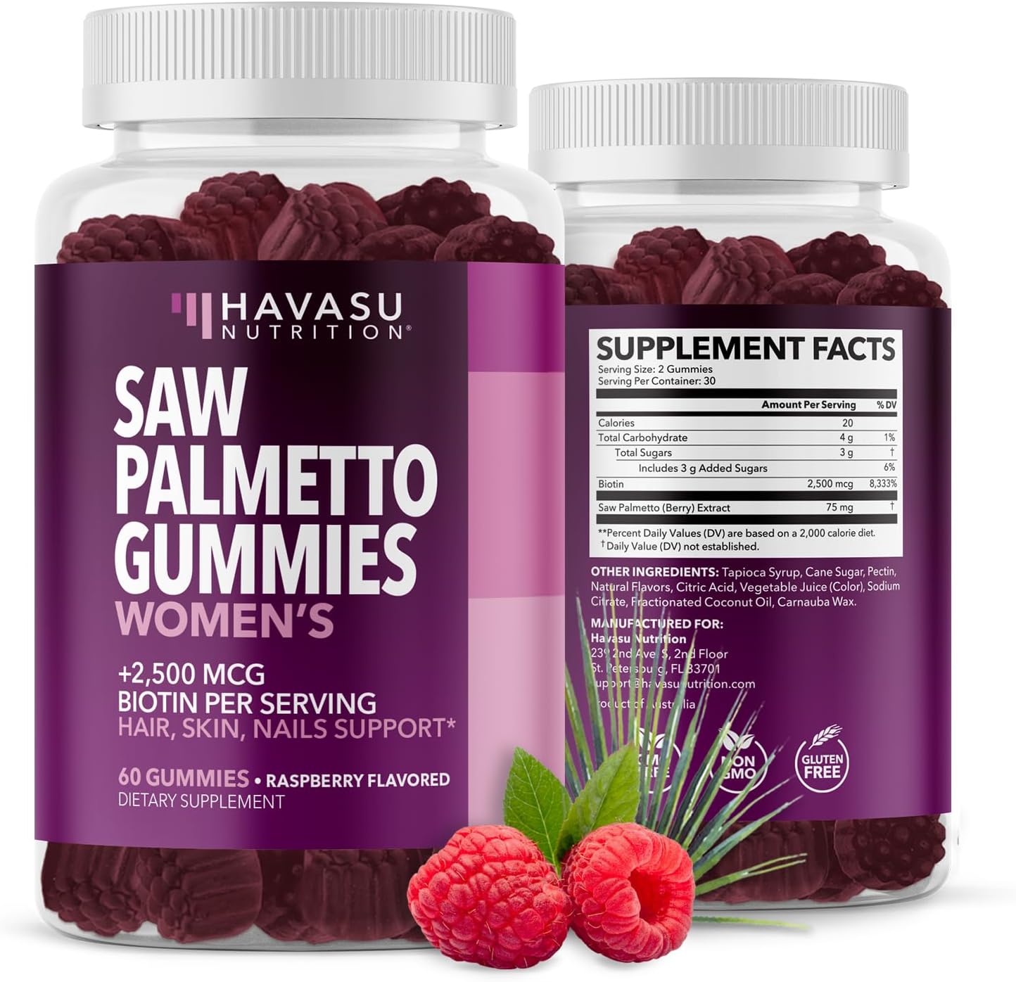 Saw Palmetto For Women + 2500 Mcg Biotin Gummies - Dht Blocker And Biotin Gummies For Hair Skin And Nails - Supports Stronger Appearance Of Hair For Women Post-Partum - 60 Vegan Saw Palmetto Gummies