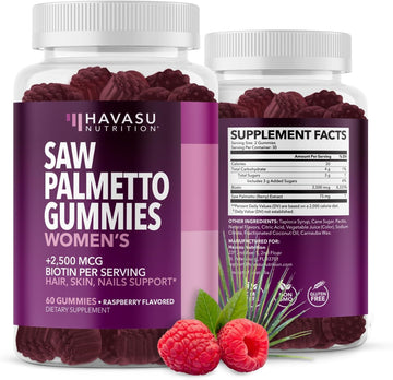 Saw Palmetto For Women + 2500 Mcg Biotin Gummies - Dht Blocker And Biotin Gummies For Hair Skin And Nails - Supports Stronger Appearance Of Hair For Women Post-Partum - 60 Vegan Saw Palmetto Gummies