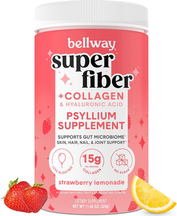 Bellway Super Fiber Powder + Collagen, Sugar-Free Psyllium Husk Powder With Collagen Peptides And Hyaluronic Acid For Gut Health, Healthy Skin, Nails, Bones & Joints, Strawberry Lemonade (11.46 Oz)