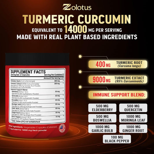 Turmeric Curcumin & Immune Support, 95% Curcuminoids, Equivalent To 14000Mg, With Ginger, Garlic Bulb, Elderberry, Quercetin, Joint Inflammatory & Absorption Support, Immune Defense Supplement