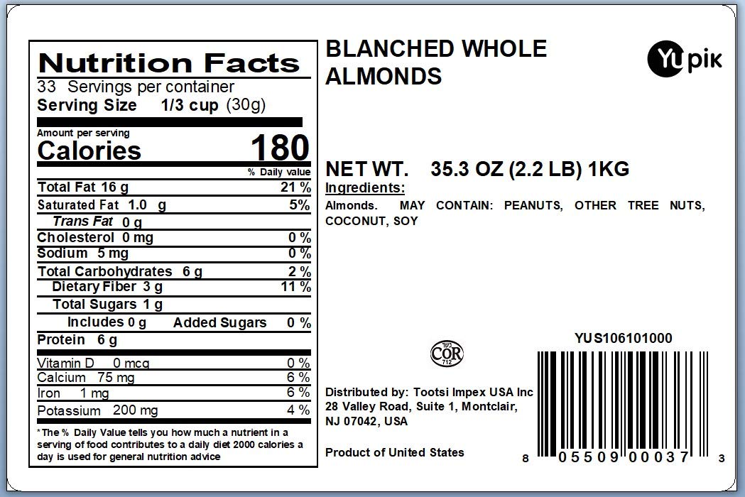 Yupik Whole Blanched California Almonds, 2.2 lb, Skinless, Unsalted, Gluten-Free, Kosher, Raw, Good Source Of Protein, Fiber, Iron & Calcium, Low In Carb : Grocery & Gourmet Food