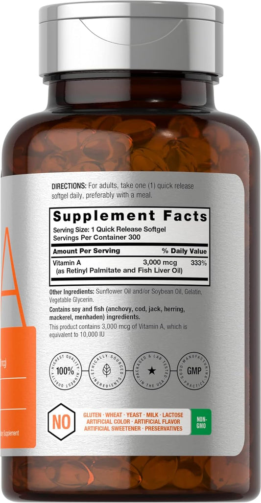 Horbach Vitamin A 10000 IU Softgels | 300 Count | Non-GMO, Gluten Free Supplement