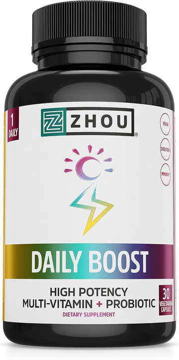 Zhou Nutrition Daily Boost Multivitamin With Probiotic, Zinc, Vitamin C, D3, B Complex For Immune Support, Energy And Digestive Health | Vegan, Gluten Free, Soy Free | 30 Servings