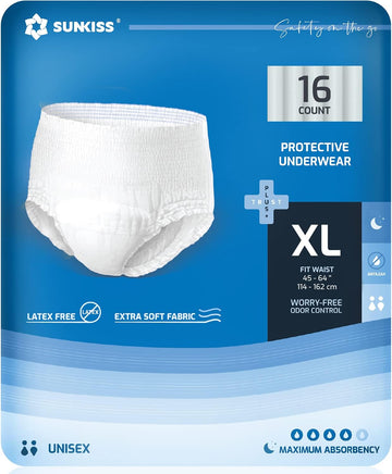 SUNKISS TrustPlus Incontinence Underwear for Men and Women, Disposable Protective Underwear with Maximum Absorbency, Odor Control, XLarge Overnight, 16 Count