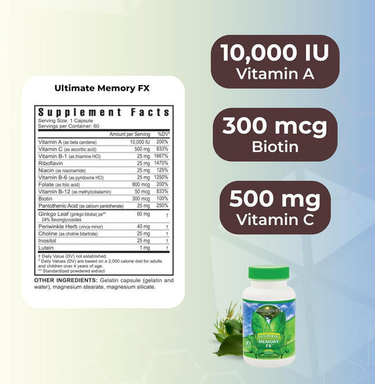 Youngevity Ultimate Memory Fx™: Ginkgo Leaf, Periwinkle Herb + Vitamins To Support Brain Function And Memory - Brain Health, Memory Retention Supplement (60 Capsules)
