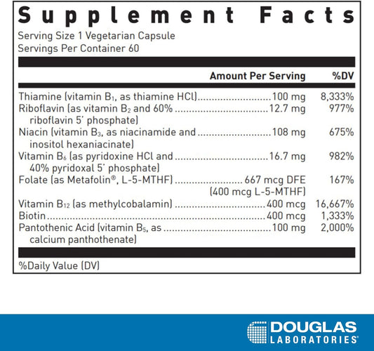 Douglas Laboratories B-Complex With Metafolin - Comprehensive B Vitamin Supplement - Energy & Brain Health Support* - With Folate, Biotin & Thiamin - Non-Gmo - 60 Vegetarian Capsules