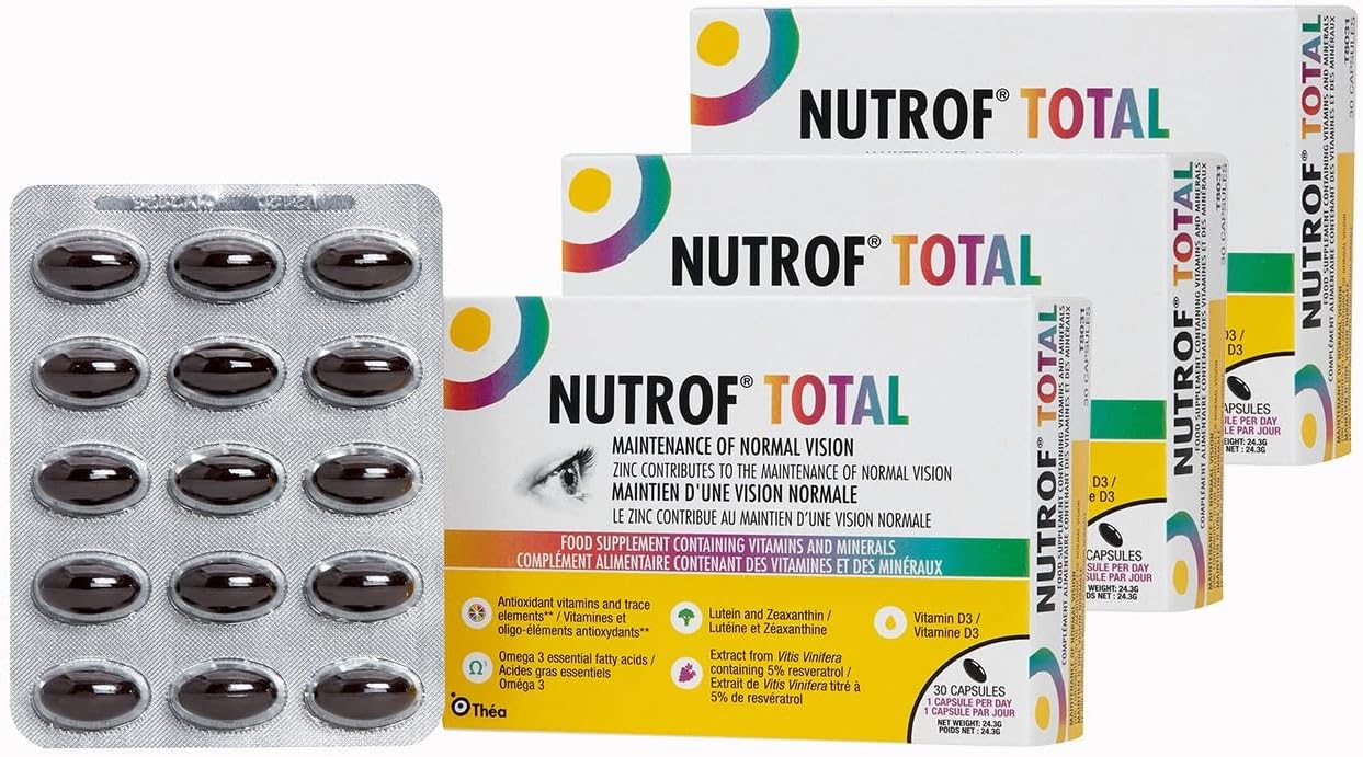 90 Nutrof Total Capsules – Eye Health Supplement With Lutein, Zeaxanthin, Omega 3, And Antioxidants | Daily Dose Of Essential Nutrients For Optimal Eye Health | 30 Capsules X 3 Packs (3-Month Supply)