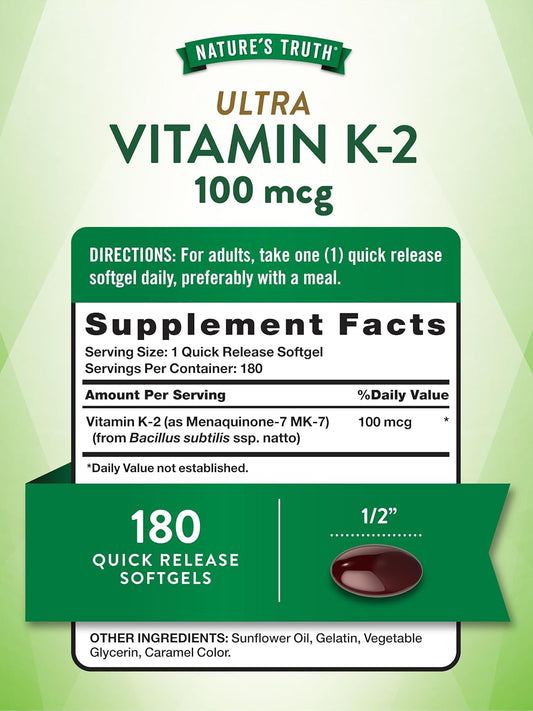 Nature'S Truth Vitamin K2 Mk7 Complex | 100 Mcg | 180 Softgels | Non-Gmo & Gluten Free Supplement