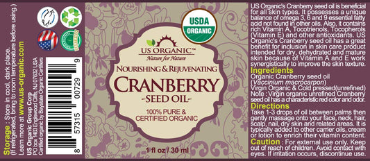 US Organic Cranberry Seed Oil, USDA Certified Organic,100% Pure & Natural, Cold Pressed Virgin, Unrefined in Amber Glass Bottle w/Glass Eyedropper for Easy Application (1 oz (30 ml))