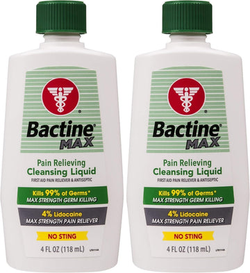 Bactine Max First Aid Cleanser - Pain Relief Antiseptic Liquid With 4% Lidocaine - Numbing Lidocaine Spray Kills 99.9% Of Germs - Pain + Itch Relief For Cuts, Burns & Bug Bites - 4Oz, 2 Pack