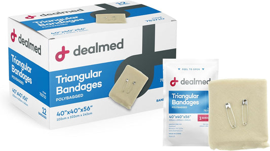 Dealmed Latex-Free Triangular Bandages – 12 Cotton Bandages With 2 Safety Pins, 40" X 40" X 56" Compression Bandage Wrap, Wound Care Product For First Aid Kit And Medical Facilities