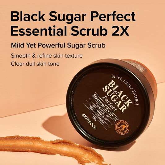 SKINFOOD Black Sugar Perfect Essential Scrub 2X 210g - Facial Exfoliating Massage Scrub w/o Irritation - Removes Blackheads & Dead Skin Cells - Sugar Scrub Body Exfoliator for Men & Women (7.4 fl.oz.)