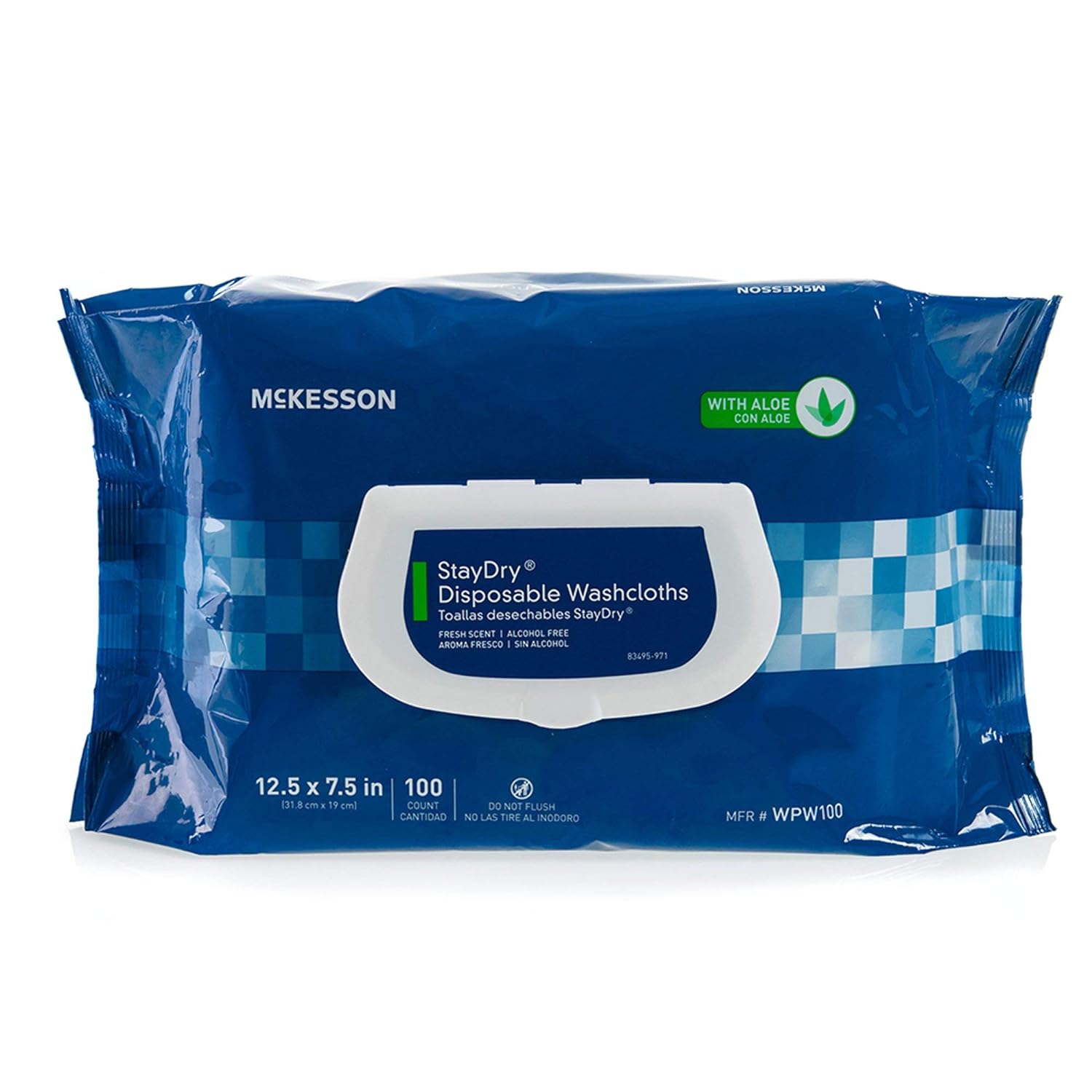 McKesson StayDry Disposable Wipes or Washcloths for Adults with Aloe, Incontinence, Alcohol-Free, Not-Flushable, 100 Wipes, 1 Pack