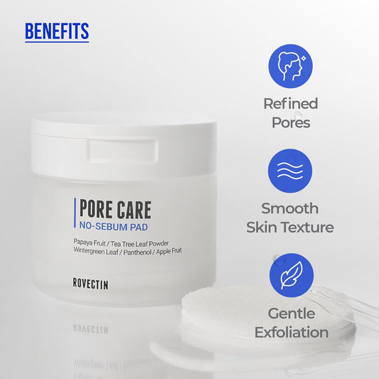 Rovectin Pore Care No-Sebum Pad For Sebum Clearing And Pore Clearing With Green Fruit Complex, Gentle Exfoliating Pads - 60 Pads