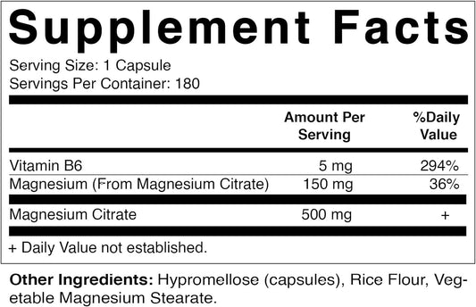 Vitamatic Magnesium Citrate 500mg per Serving - 180 Vegetarian Capsules (Provides 150 mg of Elemental Magnesium) - Added B6 for Maximum Absorption - Supports Muscle, Joint, and Heart Health