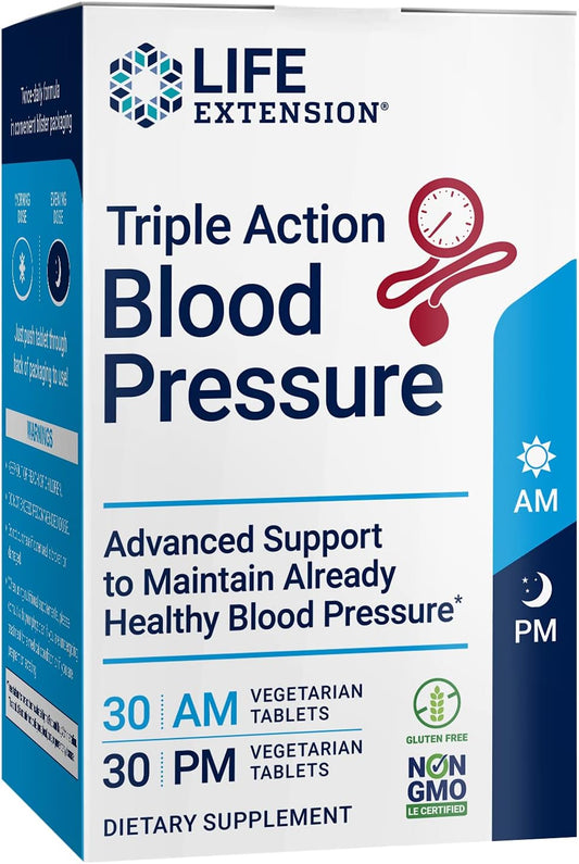 Life Extension Triple Action Healthy Blood Pressure Support, Flavonoid, Quercetin, Gluten-Free, Vegetarian, Non-Gmo, Am & Pm Tablets, 60 Count