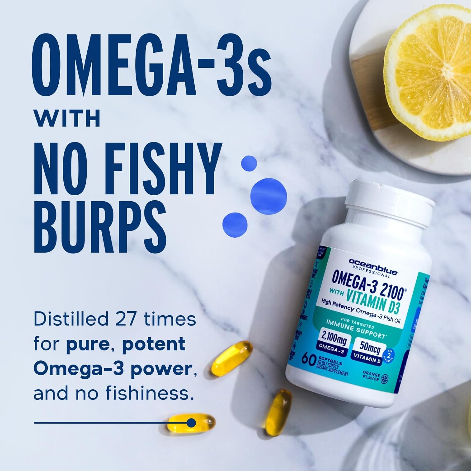Oceanblue Professional Omega-3 2100 With Vitamin D3 – 60 Ct – Triple Strength Burpless Fish Oil Supplement With High-Potency Epa, Dha, Dpa And Vitamin D3 – Wild-Caught – Orange Flavor (30 Servings) : Health & Household