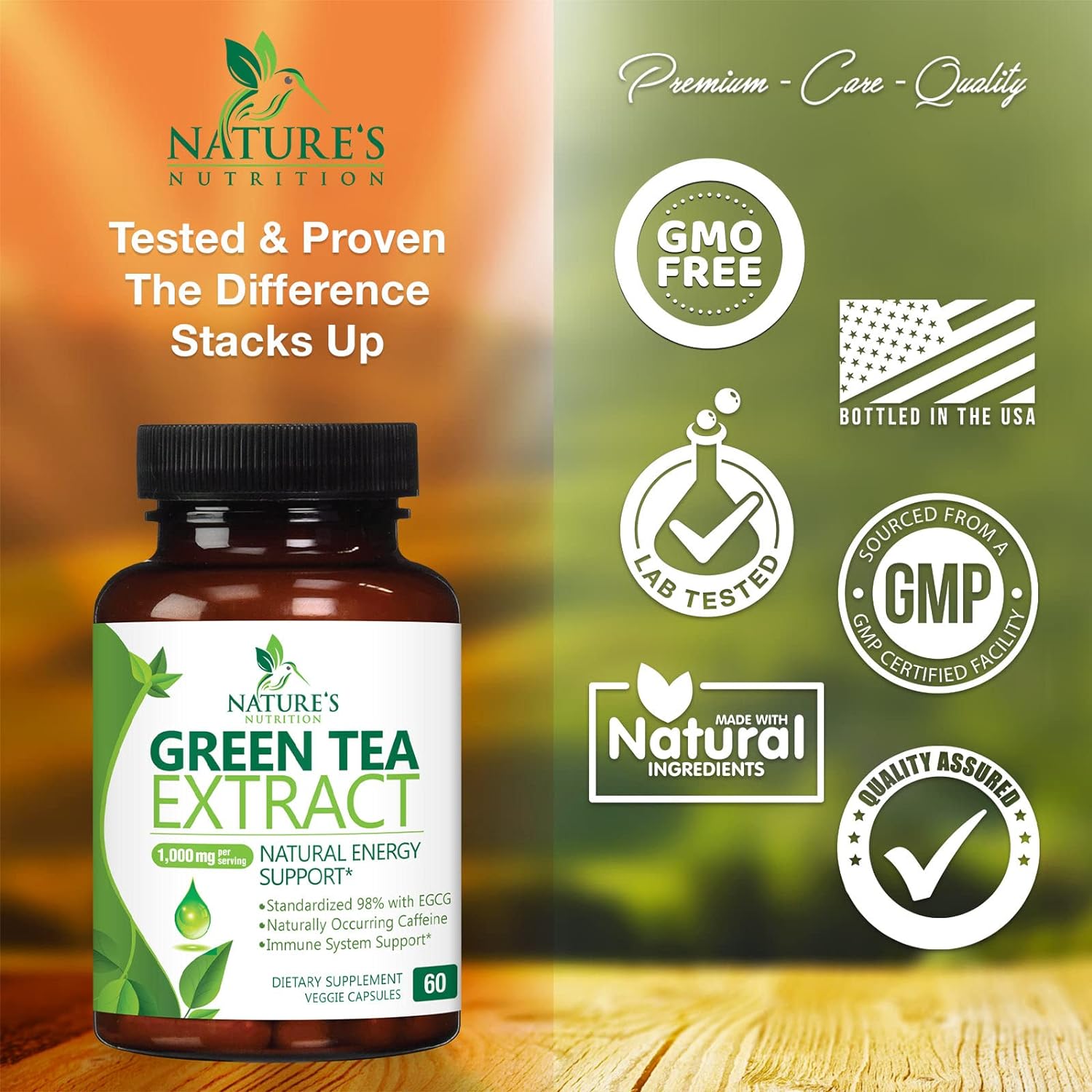 Green Tea Extract Capsules 1000mg 98% Standardized EGCG - 3X Strength for Natural Energy - Heart Support with Polyphenols - Gentle Caffeine - 60 Capsules : Health & Household
