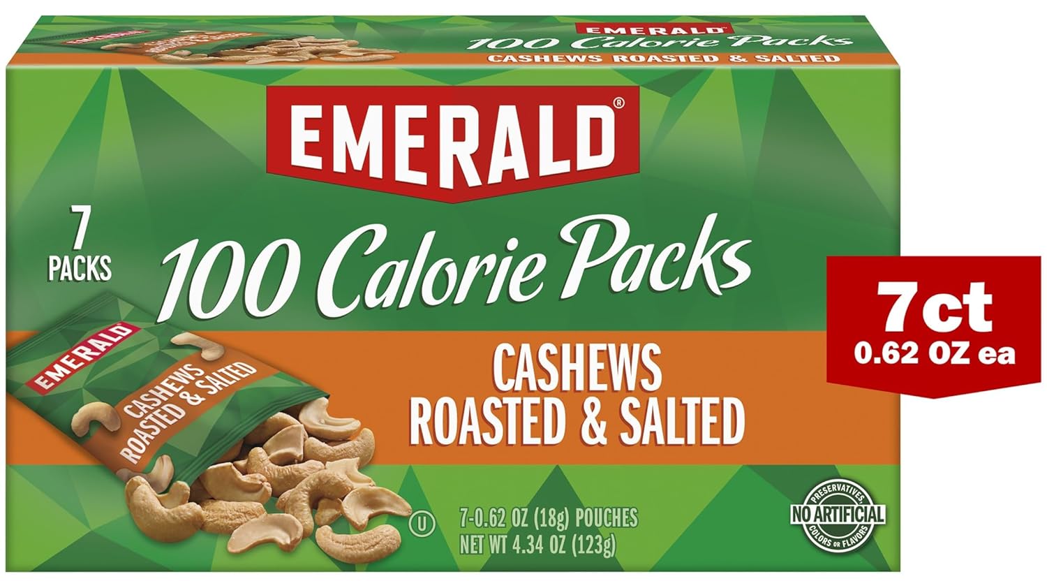 Emerald Nuts Roasted And Salted Cashews 7Ct (1-Pack), 100-Calorie Individual Packs, Kosher Certified, Non-Gmo, Contains No Artificial Preservatives, Flavors Or Synthetic Colors