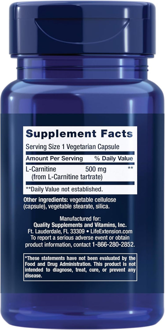 Life Extension L-Carnitine – 500 Mg, Energy Supplement, Memory Supplement – Free Form Amino Acid, Nitric Oxide Support, Healthy Blood Pressure – Gluten-Free, Non-Gmo, Vegetarian – 30 Capsules