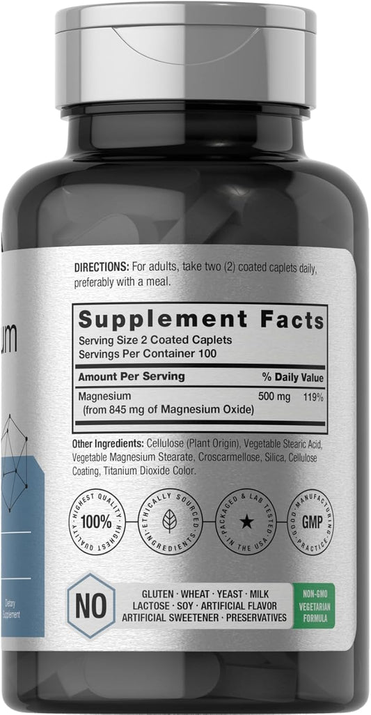 Horbäach Magnesium Oxide | 845 mg | 200 Coated Caplets | Vegetarian, Non-GMO, and Gluten Free Supplement