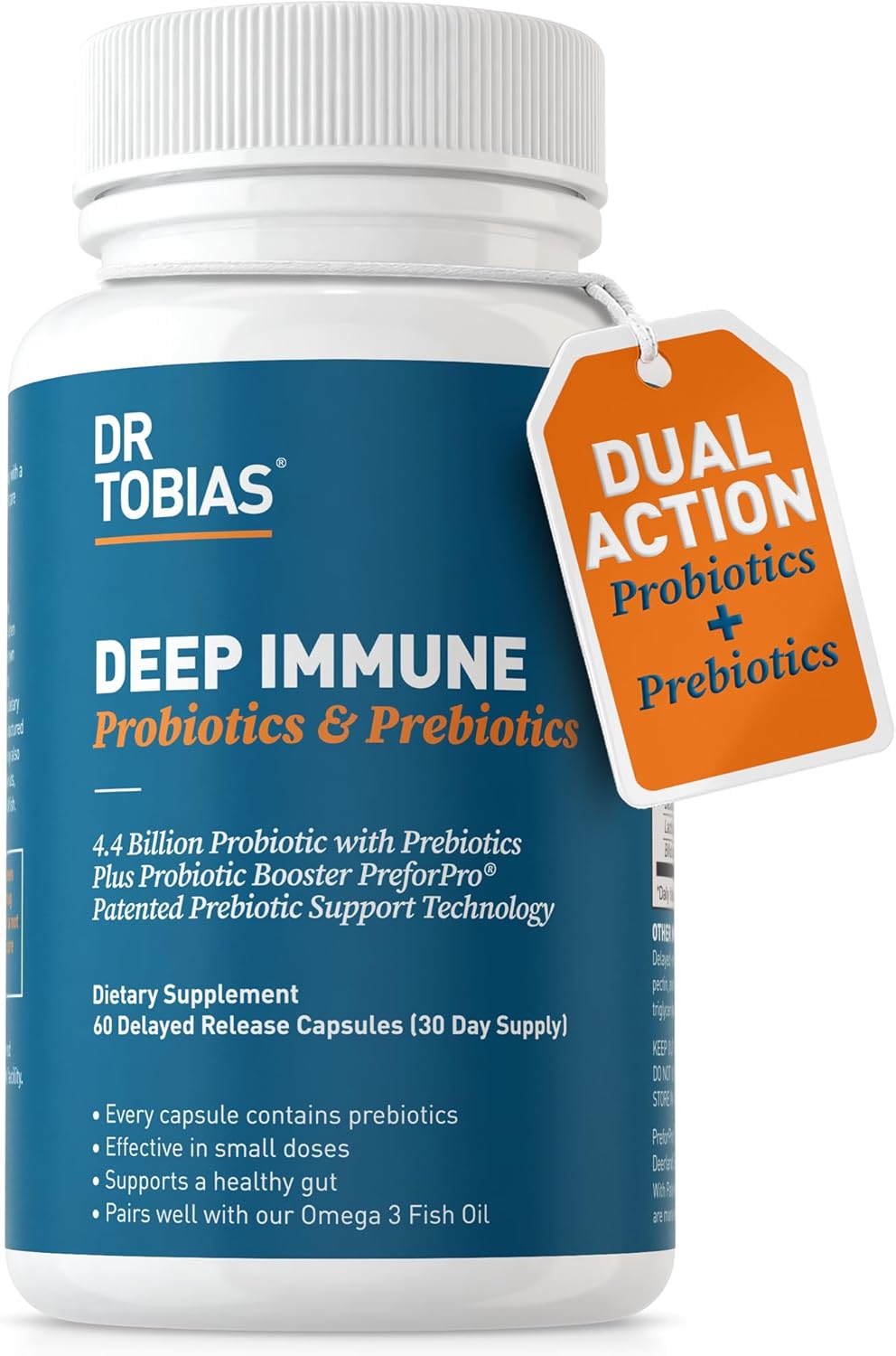 Dr. Tobias Deep Immune Probiotics & Prebiotics, Dual Action Digestion & Immune Support With Preforpro Prebiotics & Delayed Release Spore Forming Probiotics For Women & Men, 60 Capsules, 30 Servings