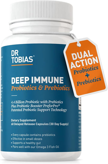 Dr. Tobias Deep Immune Probiotics & Prebiotics, Dual Action Digestion & Immune Support With Preforpro Prebiotics & Delayed Release Spore Forming Probiotics For Women & Men, 60 Capsules, 30 Servings