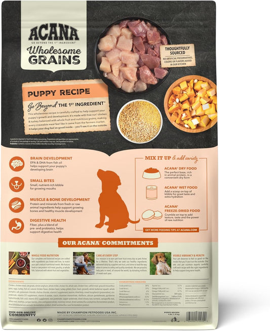 Acana Wholesome Grains Dry Dog Food, Puppy Recipe, Real Chicken, Eggs And Turkey Dog Food Recipe, 4Lb