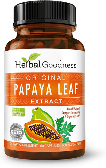 Papaya Leaf Extract Digestive Enzymes - 10X Strength 60/600mg Veg Capsules- Blood Platelet, Bone Marrow & Spleen Support, Immune Gut & Super Digestive Health - Made in USA by Herbal Goodness