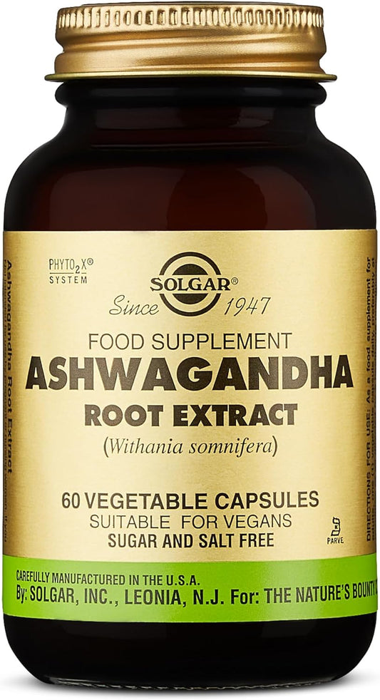 SOLGAR Ashwagandha Root Extract - 60 Vegetable Capsules - Standardized Full Potency (SFP) - Non-GMO, Vegan, Gluten & Dairy Free, Kosher - 60 Servings