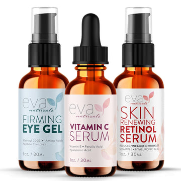 Eva Naturals Facelift In A Bottle - 3-In-1 Anti-Aging Set With Retinol Serum, Vitamin C Serum And Eye Gel - Formulated To Reduce Wrinkles, Fade Dark Spots And Treat Under-Eye Bags - Premium Quality